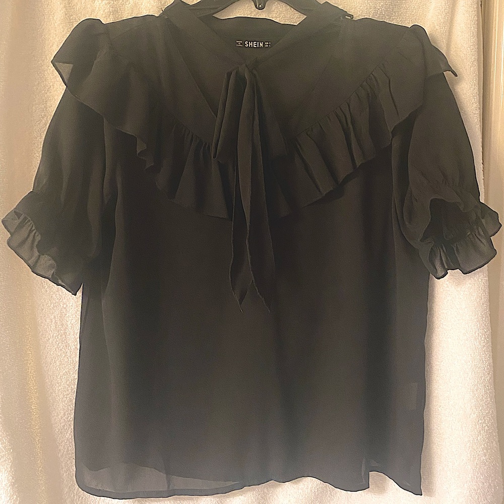 Sheer black tie neck shirt